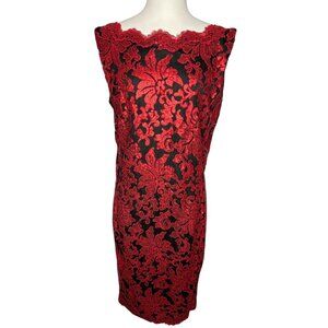 Tadashi Shoji Red Floral Sequin Sleeveless Sheath Lined Midi Dress Size 14